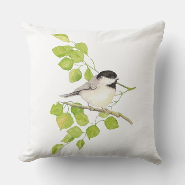 Kute Little Waterverf Chickadee Bird Poplar Tree Buitenkussen (Voorkant)