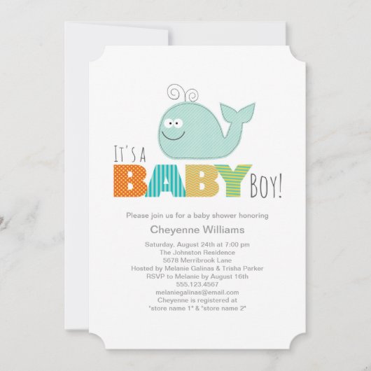 Kute Little Whale Baby shower Invitation / Boy Kaart (Voorkant)