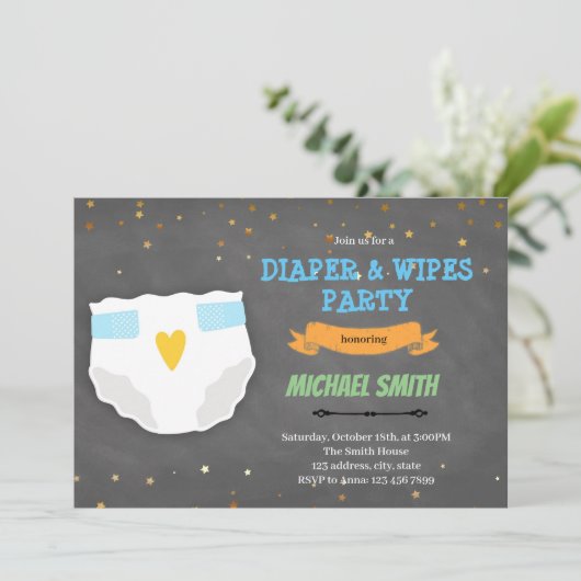 Kute luier en veeg doucheuitnodiging af feestdagenkaart (Staand voorkant)