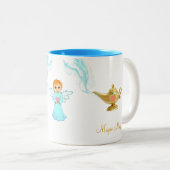 Kute magische lamp, engel en kalligrafie tweekleurige koffiemok (Voorkant rechts)