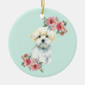 Kute Maltese puppy Dog met Flowers Waterverf Keramisch Ornament (Voorkant)