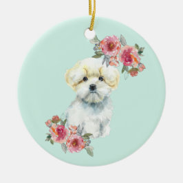 Kute Maltese puppy Dog met Flowers Waterverf Keramisch Ornament