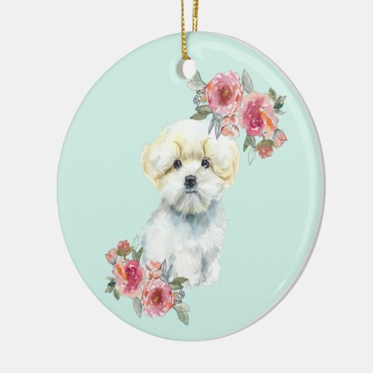 Kute Maltese puppy Dog met Flowers Waterverf Keramisch Ornament (Links)