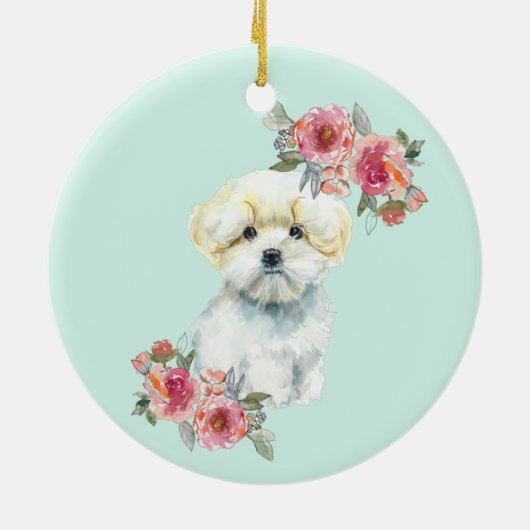 Kute Maltese puppy Dog met Flowers Waterverf Keramisch Ornament (Achterkant)