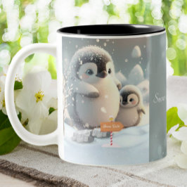 Kute mam en Baby pinguïnsneeuw gepersonaliseerd Tweekleurige Koffiemok