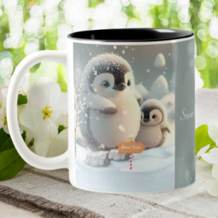 Kute mam en Baby pinguïnsneeuw gepersonaliseerd Tweekleurige Koffiemok
