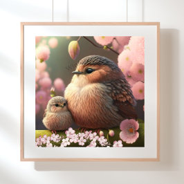 Kute mama en Baby Bird op Tree Pink Flowers Art Poster