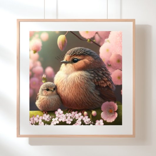 Kute mama en Baby Bird op Tree Pink Flowers Art Poster