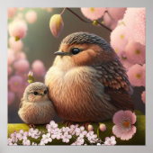 Kute mama en Baby Bird op Tree Pink Flowers Art Poster (Voorkant)