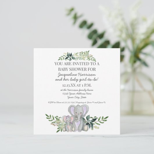 Kute mammie in Baby Elephant w Foliage Girl Shower Kaart (Staand voorkant)