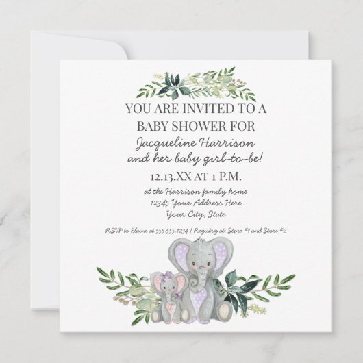Kute mammie in Baby Elephant w Foliage Girl Shower Kaart (Voorkant)