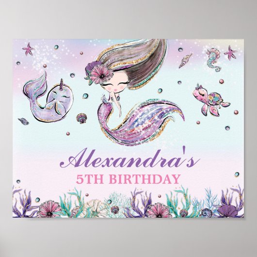 Kute Mermaid Birthday onder Zee Pool Welcome Poster (Voorkant)