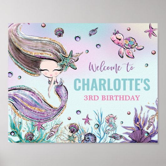 Kute Mermaid Birthday onder Zee Pool Welcome Poster (Voorkant)