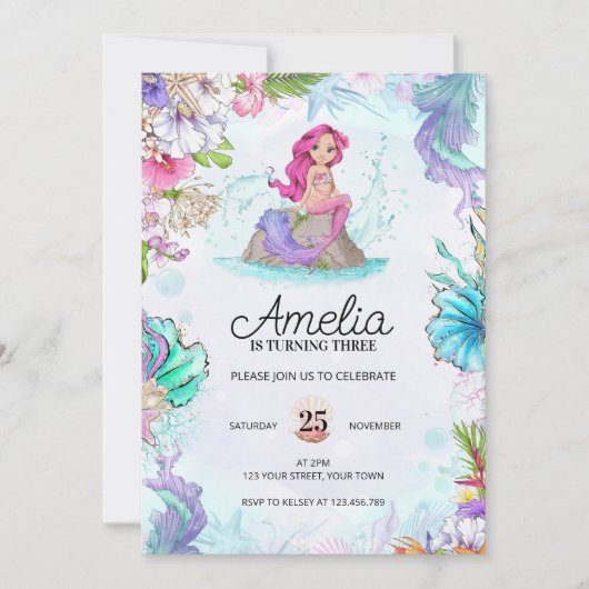 Kute Mermaid Birthday onder Zee uitnodiging (Voorkant)