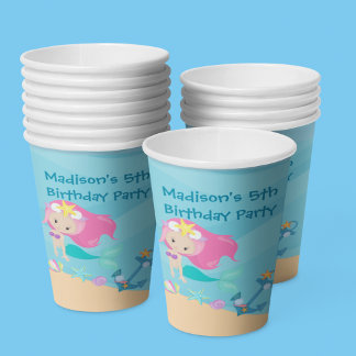 Kute Mermaid Girl Beach Custom Kind Birthday Party Papieren Bekers