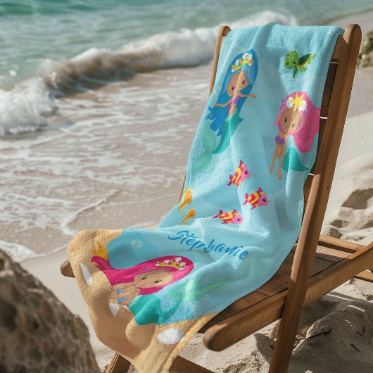 Kute Mermaid Personalized Girly onder Zee Strandlaken