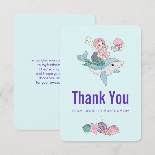 Kute Mermaid Riding a Dolphin under Zee Bedankkaart (Voorkant / Achterkant)