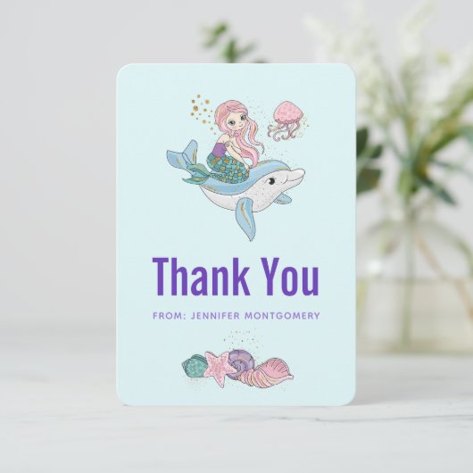 Kute Mermaid Riding a Dolphin under Zee Bedankkaart (Staand voorkant)