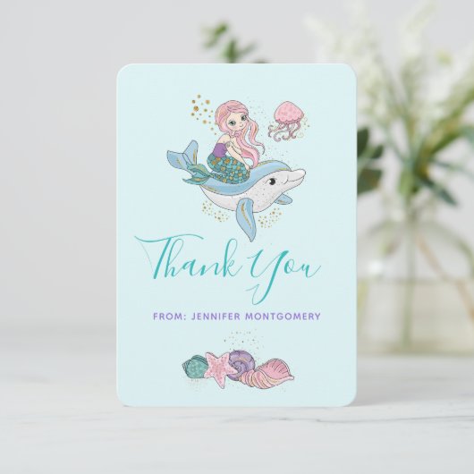 Kute Mermaid Riding a Dolphin under Zee Bedankkaart (Staand voorkant)