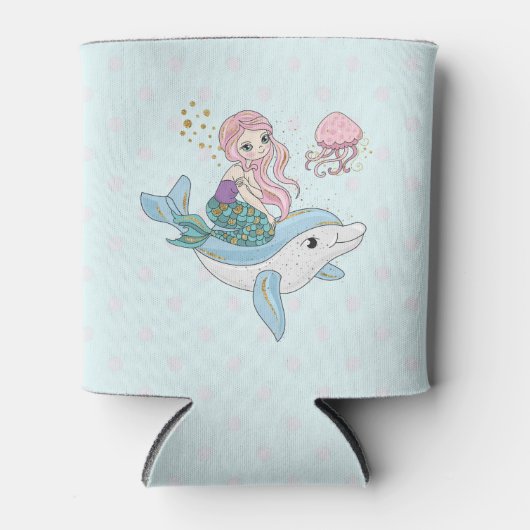 Kute Mermaid Riding a Dolphin under Zee Blikjeskoeler (Voorkant)