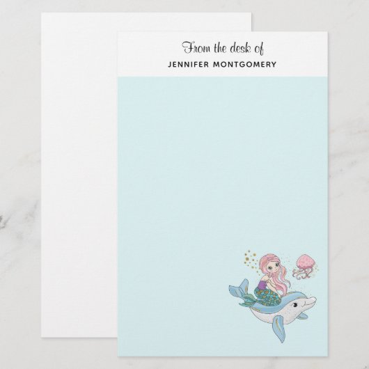 Kute Mermaid Riding a Dolphin under Zee Briefpapier (Voorkant / Achterkant)