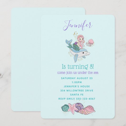 Kute Mermaid Riding a Dolphin under Zee Kaart (Voorkant / Achterkant)