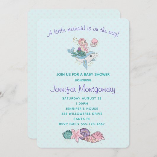 Kute Mermaid Riding a Dolphin under Zee Kaart (Voorkant / Achterkant)