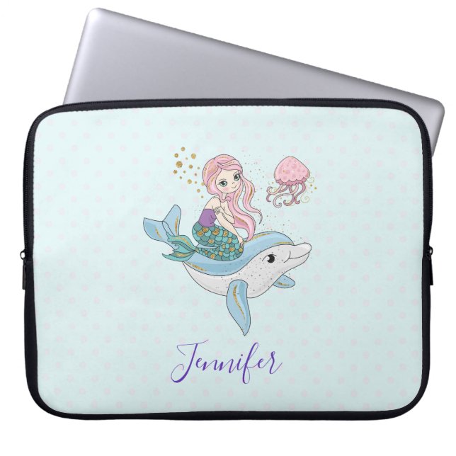 Kute Mermaid Riding a Dolphin under Zee Laptop Sleeve (Voorkant)