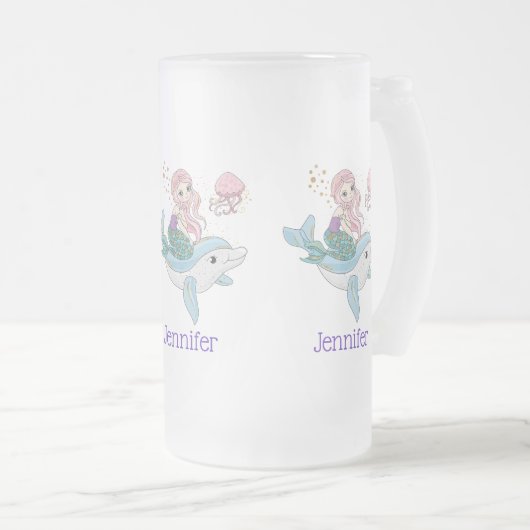 Kute Mermaid Riding a Dolphin under Zee Matglas Bierpul (Voorkant rechts)