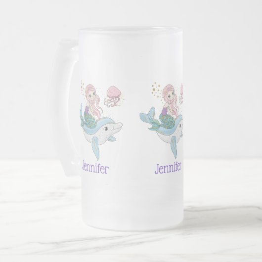 Kute Mermaid Riding a Dolphin under Zee Matglas Bierpul (Voorkant links)