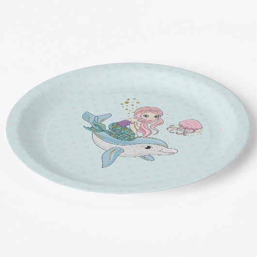 Kute Mermaid Riding a Dolphin under Zee Papieren Bordje (Gekanteld)