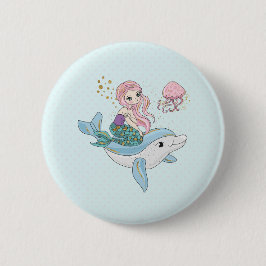Kute Mermaid Riding a Dolphin under Zee Ronde Button 5,7 Cm