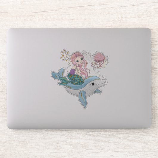 Kute Mermaid Riding a Dolphin under Zee Sticker (Computer)