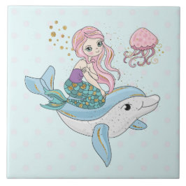 Kute Mermaid Riding a Dolphin under Zee Tegeltje