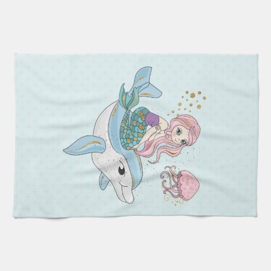 Kute Mermaid Riding a Dolphin under Zee Theedoek (Horizontaal)