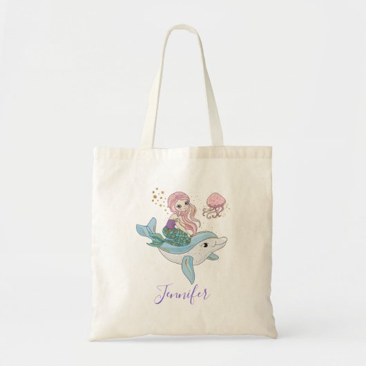 Kute Mermaid Riding a Dolphin under Zee Tote Bag (Voorkant)