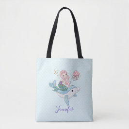 Kute Mermaid Riding a Dolphin under Zee Tote Bag