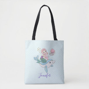 Kute Mermaid Riding a Dolphin under Zee Tote Bag