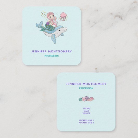 Kute Mermaid Riding a Dolphin under Zee Vierkante Visitekaartje (Voorkant / Achterkant)
