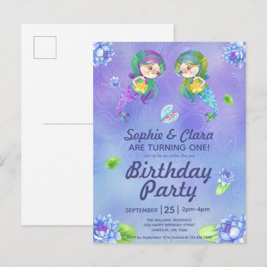 Kute mermaids onder het Zee Twin Girls Birthday Uitnodiging Briefkaart (Voorkant / Achterkant)