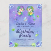 Kute mermaids onder het Zee Twin Girls Birthday Uitnodiging Briefkaart (Voorkant)