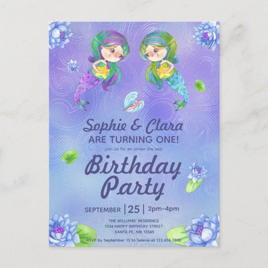 Kute mermaids onder het Zee Twin Girls Birthday Uitnodiging Briefkaart (Voorkant)