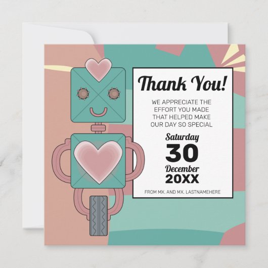 Kute mid-century Modern Robot Kind eerste verjaard Bedankkaart (Voorkant)