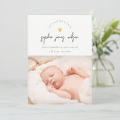 Kute Minimal Heart Script Photo Birth Announance Bedankkaart (Staand voorkant)