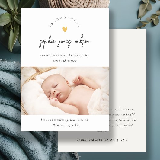 Kute Minimal Heart Script Photo Birth Announance Bedankkaart