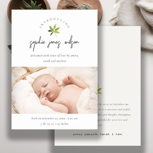 Kute Minimal Leaf Script Photo Birth Notice Bedankkaart