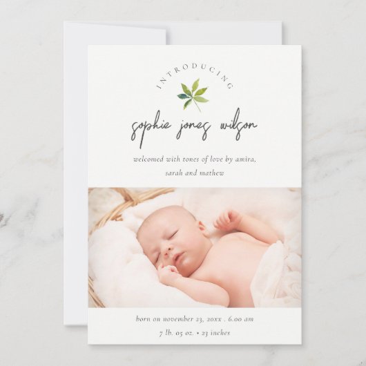 Kute Minimal Leaf Script Photo Birth Notice Bedankkaart (Voorkant)