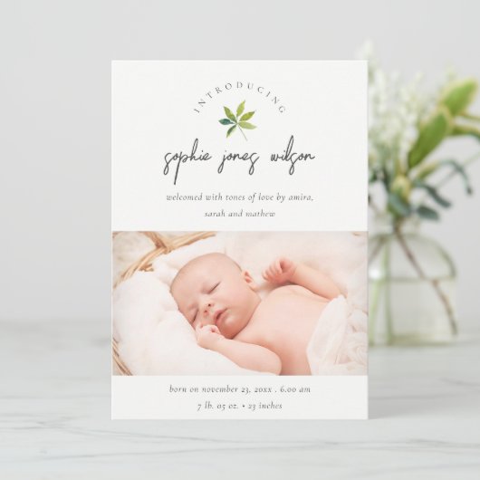 Kute Minimal Leaf Script Photo Birth Notice Bedankkaart (Staand voorkant)
