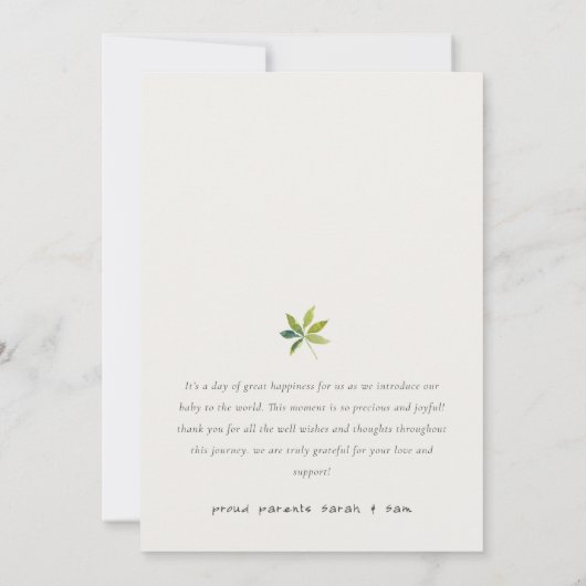 Kute Minimal Leaf Script Photo Birth Notice Bedankkaart (Achterkant)