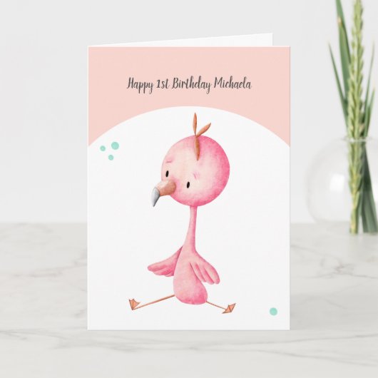 Kute minimalist Flamingo Pink First Birthday Kaart (Voorkant)